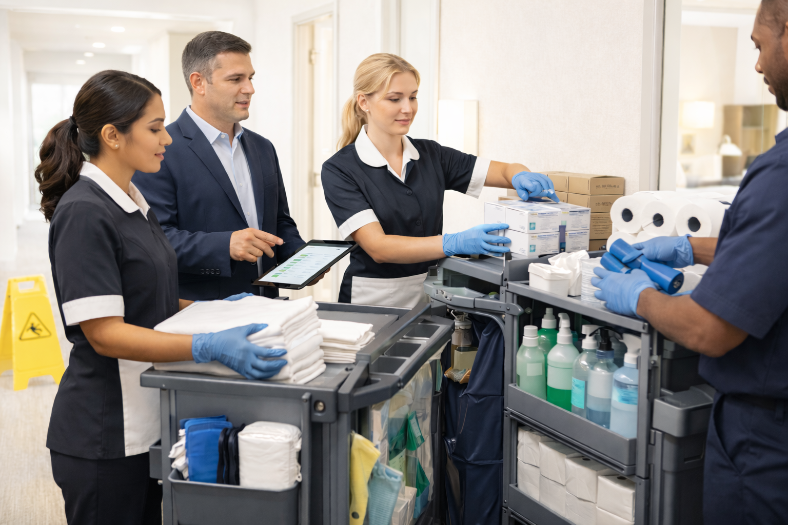 Staffing and training efficiency supplies including SOP tools, color-coded systems, labels, carts, and fast restocking support